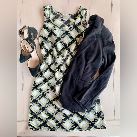 Banana Republic Diamond Print Sleeveless Sheath Dress Green Black & White Size 0 - Picture 2 of 13